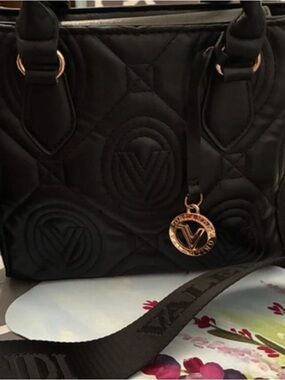 Valentino Orlandi Black Quilted Satchel Crossbody Bag Gold Tone Hardware